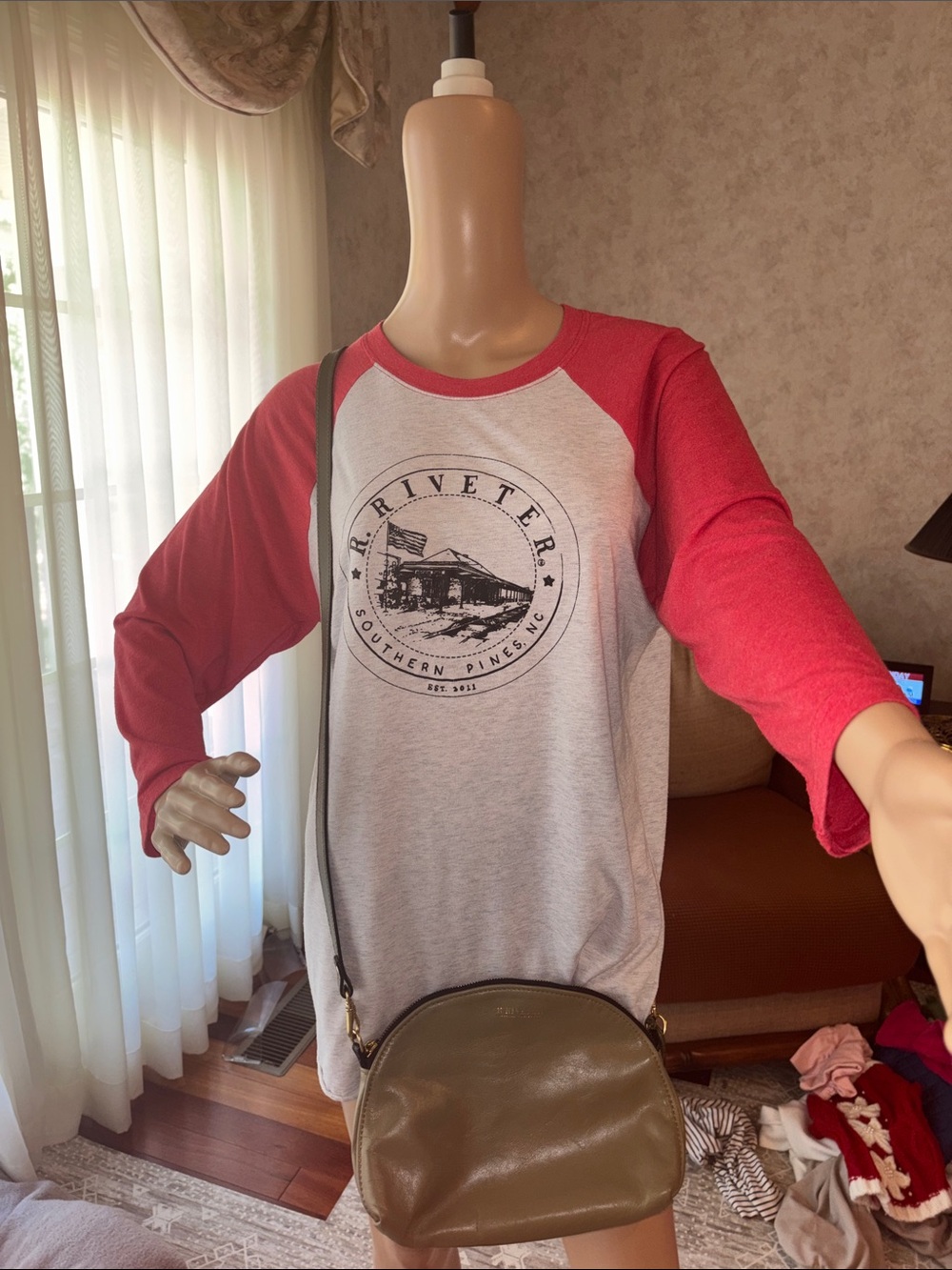 R. Riveter tee long sleeved red orange gray Large